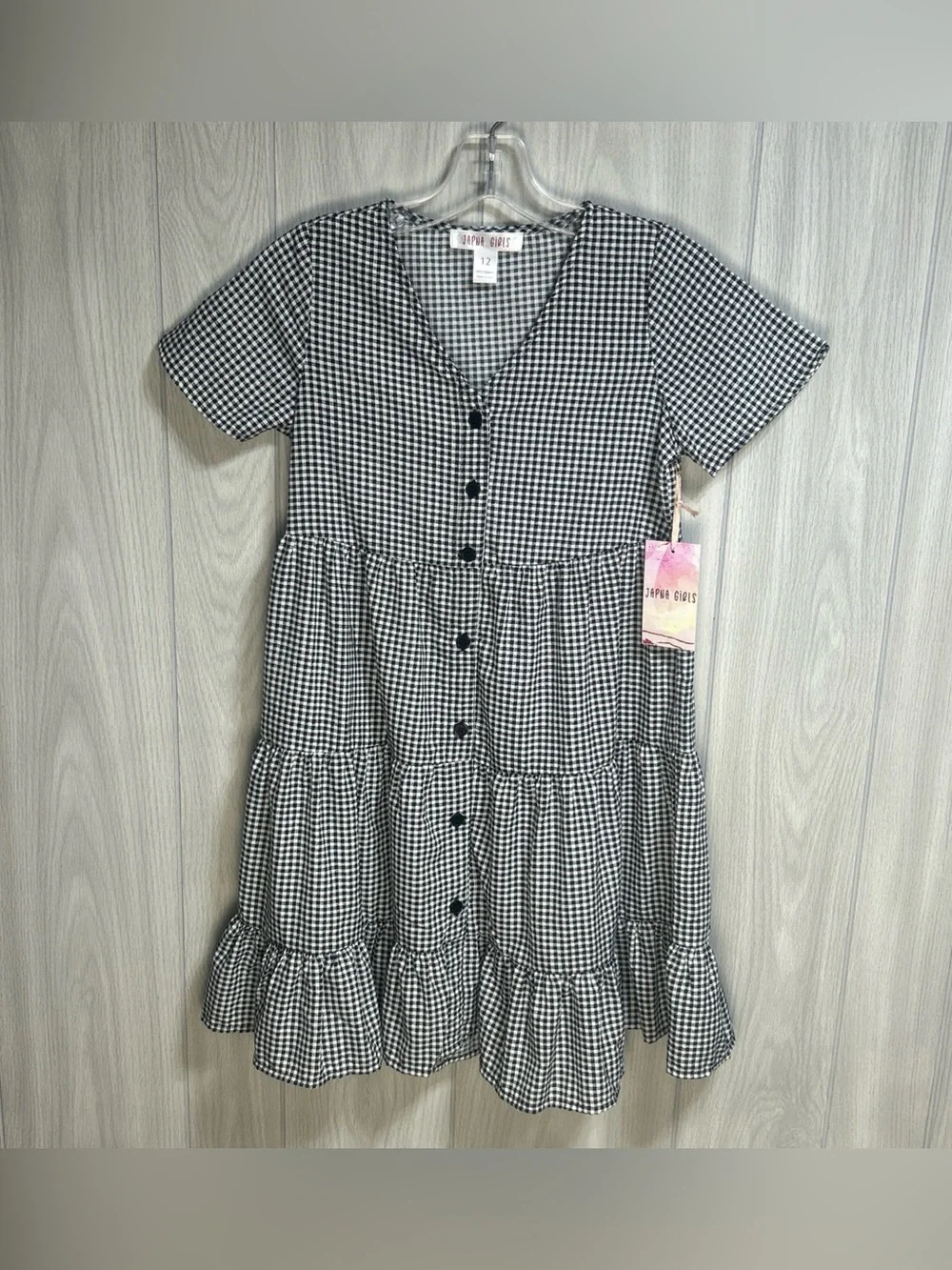 Japna Girls NWT Black & White Gingham Check Button-Down Tiered Dress Size 12